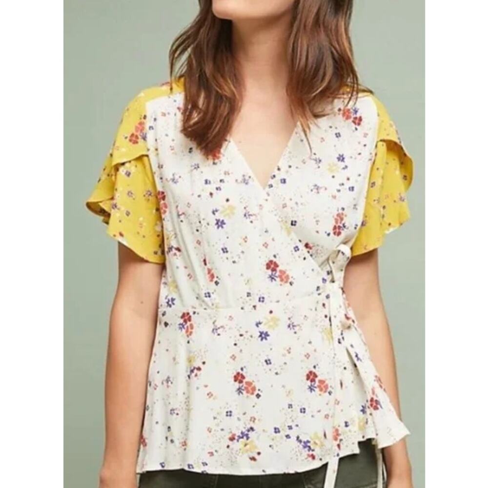 Meadow Rue by Anthropologie Size 6 Wrap Blouse Yellow White Floral Tie Side